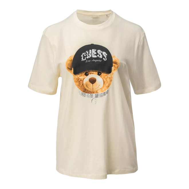 GUESS KOSZULKA DAMSKA T-SHIRT TEDDY BEAR HAT SS ECRU V5BI09I3Z14 G1O6