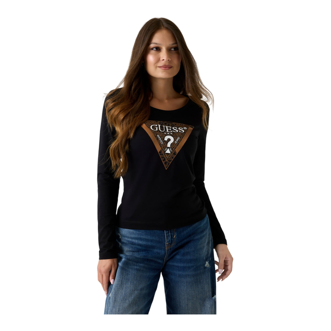 GUESS KOSZULKA DAMSKA Z DŁUGIM RĘKAWEM LS CN LEO TRIANGLE TEE CZARNA W5BI75J1314 JBLK