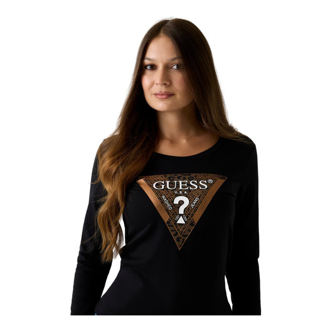 GUESS KOSZULKA DAMSKA Z DŁUGIM RĘKAWEM LS CN LEO TRIANGLE TEE CZARNA W5BI75J1314 JBLK