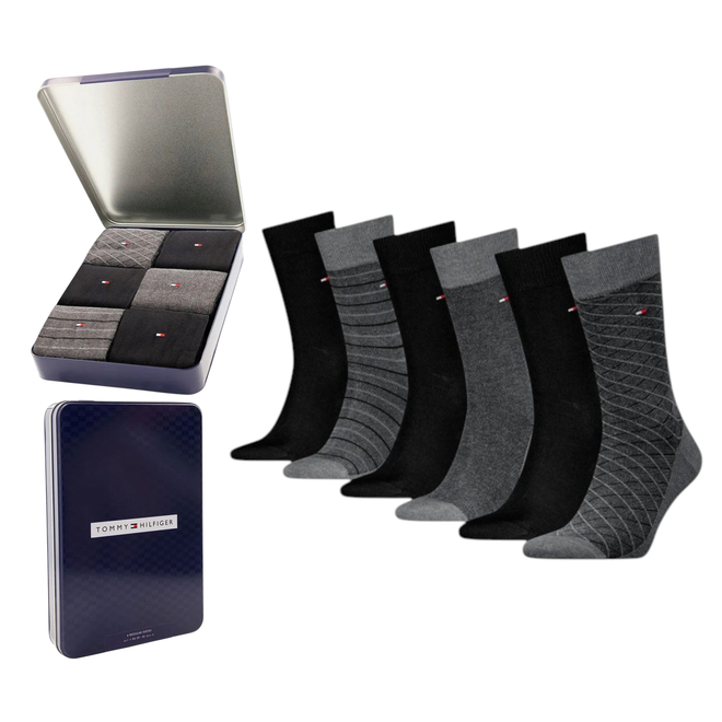 TOMMY HILFIGER MĘSKIE SKARPETY SKARPETKI GIFTBOX PREZENT 6P SZARE/CZARNE 701235373 003