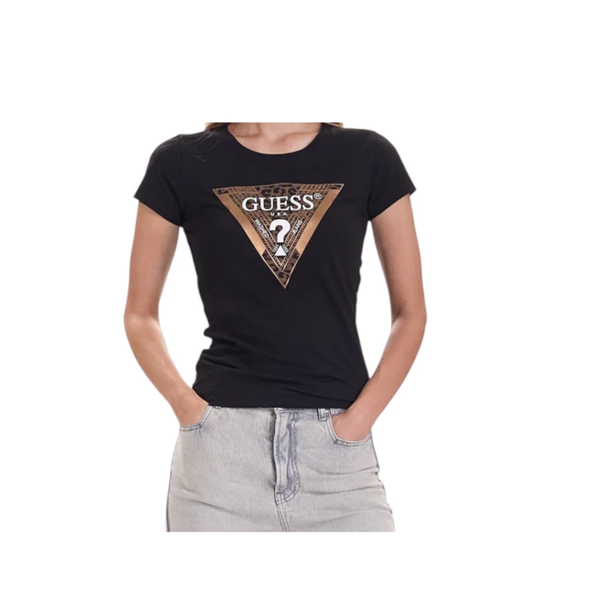 GUESS KOSZULKA DAMSKA T-SHIRT SS CN LEO TRIANGLE TEE CZARNA W5BI28J1314 JBLK