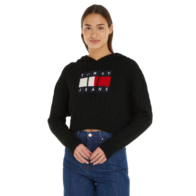 TOMMY HILFIGER DAMSKI SWETER TJW CENTER FLAG CABLE HOODIE CZARNY DW0DW16528 BDS