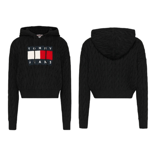 TOMMY HILFIGER DAMSKI SWETER TJW CENTER FLAG CABLE HOODIE CZARNY DW0DW16528 BDS