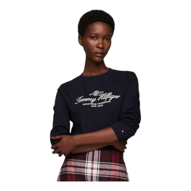 TOMMY HILFIGER KOSZULKA DAMSKA Z DŁUGIM RĘKAWEM REG HILFIGER SCRIPT C-NK LS GRANATOWA WW0WW40292 DW5
