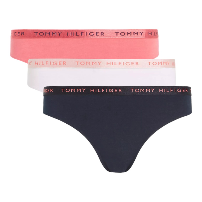 TOMMY HILFIGER STRINGI DAMSKIE MAJTKI SHINE 3 PACK THONG GIFTING GRANATOWE/BIAŁE/KORALOWE UW0UW04889 0V5