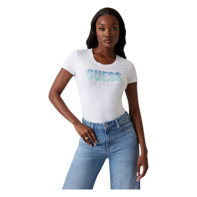 GUESS KOSZULKA DAMSKA T-SHIRT CN SS GLITTER DEGRAD BIAŁA W5GI14J1314 G011