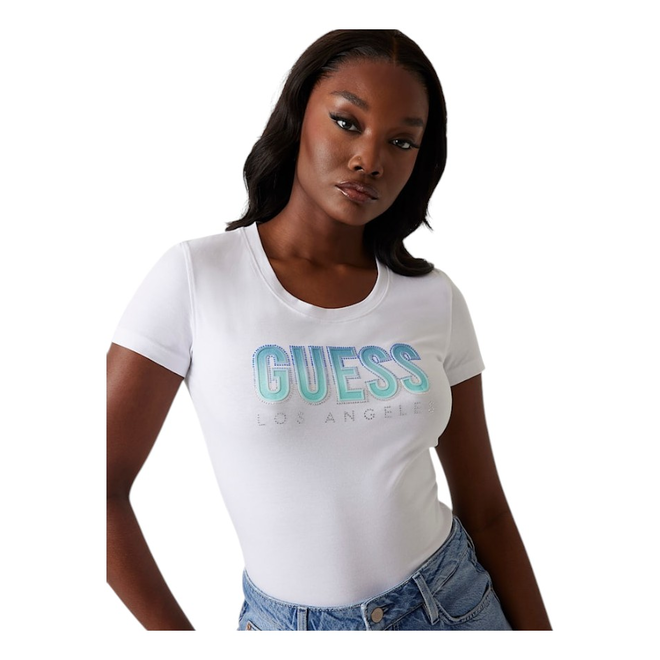 GUESS KOSZULKA DAMSKA T-SHIRT CN SS GLITTER DEGRAD BIAŁA W5GI14J1314 G011