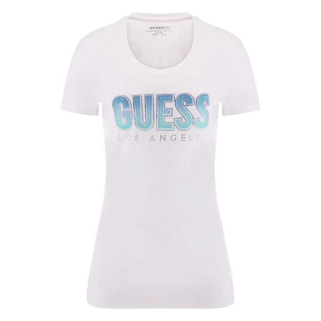 GUESS KOSZULKA DAMSKA T-SHIRT CN SS GLITTER DEGRAD BIAŁA W5GI14J1314 G011