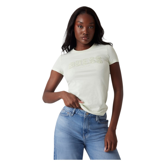 GUESS KOSZULKA DAMSKA T-SHIRT CN SS LOGO LACE TEE BIAŁA W5GI04J1314 G011