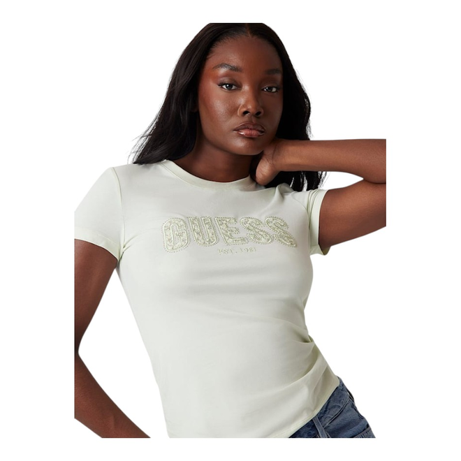 GUESS KOSZULKA DAMSKA T-SHIRT CN SS LOGO LACE TEE BIAŁA W5GI04J1314 G011