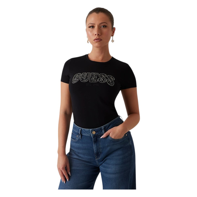 GUESS KOSZULKA DAMSKA T-SHIRT CN SS LOGO LACE TEE CZARNA  W5GI04J1314 JBLK
