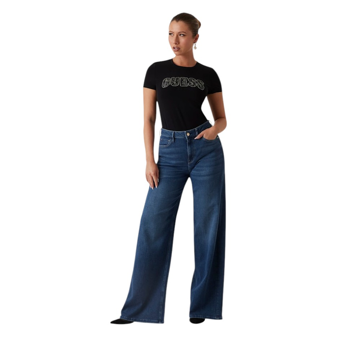 GUESS KOSZULKA DAMSKA T-SHIRT CN SS LOGO LACE TEE CZARNA  W5GI04J1314 JBLK