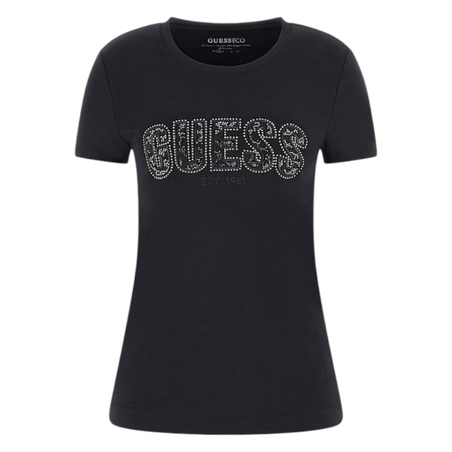 GUESS KOSZULKA DAMSKA T-SHIRT CN SS LOGO LACE TEE CZARNA  W5GI04J1314 JBLK