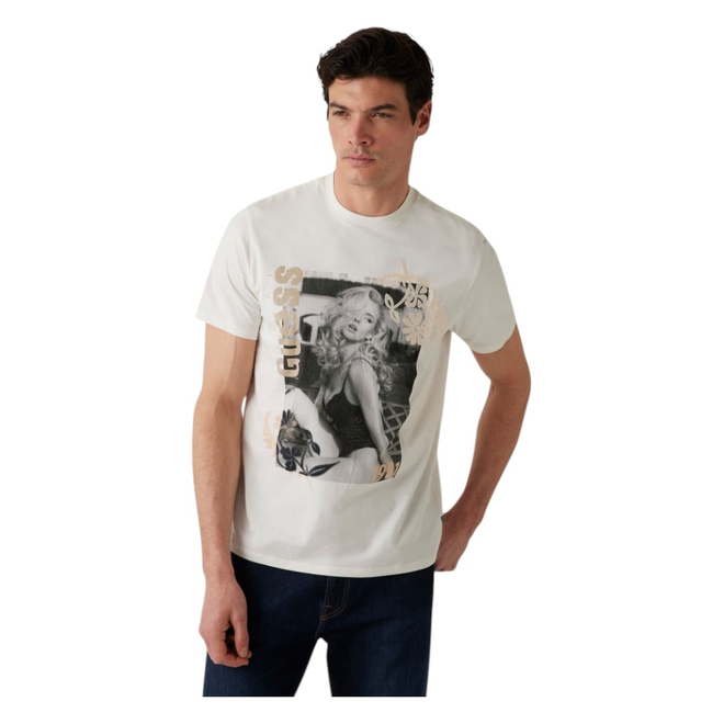 GUESS KOSZULKA MĘSKA T-SHIRT SS BSC MOVIE GUESS ECRU M5GI33KBW41 G018