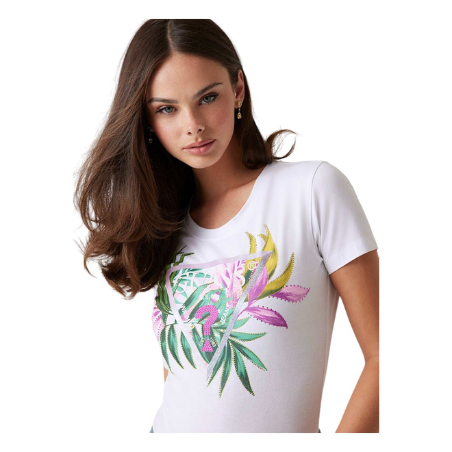 GUESS KOSZULKA DAMSKA T-SHIRT CN SS LEAF TRIANGLE BIAŁA W5GI07J1314 G011