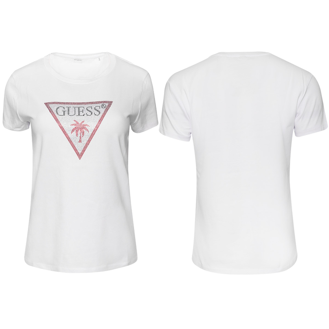 GUESS KOSZULKA DAMSKA T-SHIRT TRIANGLE RHINESTONES BIAŁA E5GI08J1314 G011