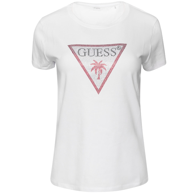 GUESS KOSZULKA DAMSKA T-SHIRT TRIANGLE RHINESTONES BIAŁA E5GI08J1314 G011