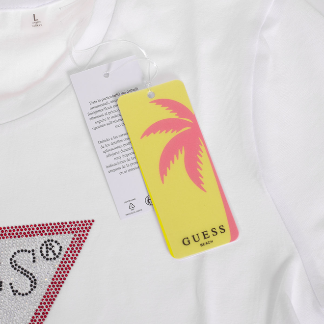 GUESS KOSZULKA DAMSKA T-SHIRT TRIANGLE RHINESTONES BIAŁA E5GI08J1314 G011