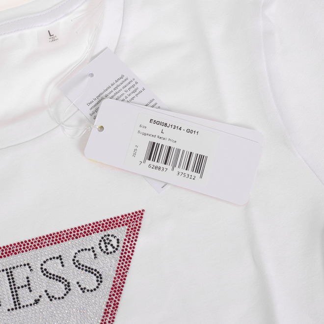 GUESS KOSZULKA DAMSKA T-SHIRT TRIANGLE RHINESTONES BIAŁA E5GI08J1314 G011