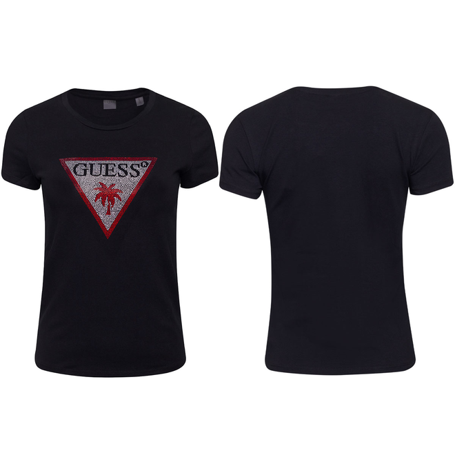 GUESS KOSZULKA DAMSKA T-SHIRT TRIANGLE RHINESTONES CZARNA E5GI08J1314 JBLK