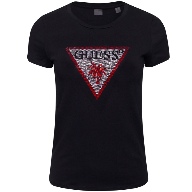 GUESS KOSZULKA DAMSKA T-SHIRT TRIANGLE RHINESTONES CZARNA E5GI08J1314 JBLK