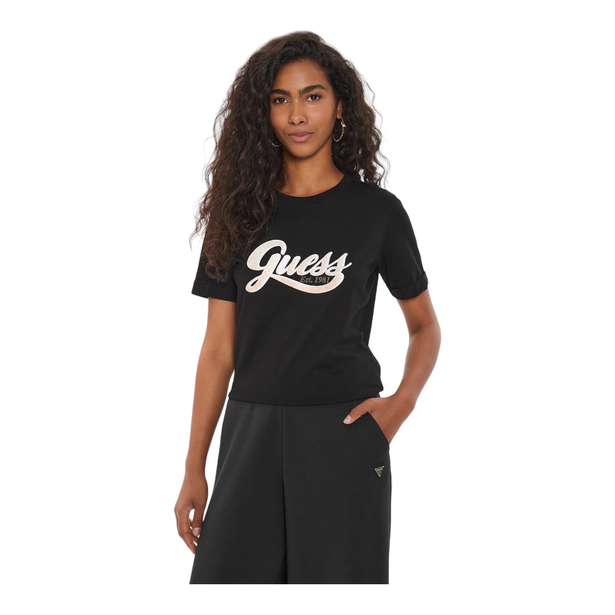 GUESS KOSZULKA DAMSKA T-SHIRT SS CN GLITTERY LOGO CZARNA